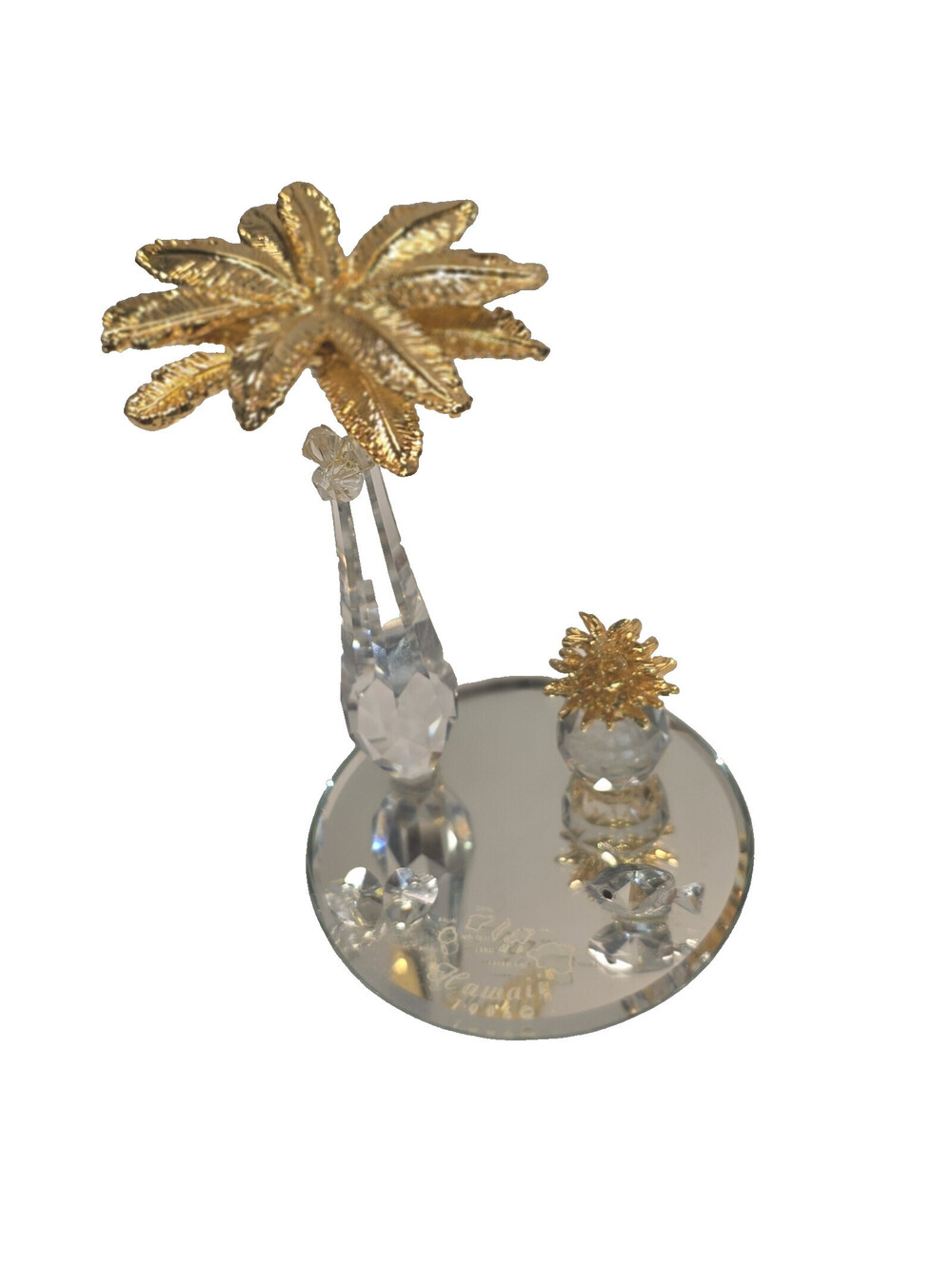 Crystal Glass Coconut Palm Tree w/Gold Tone Fronds On Mirror Base Florida 4"